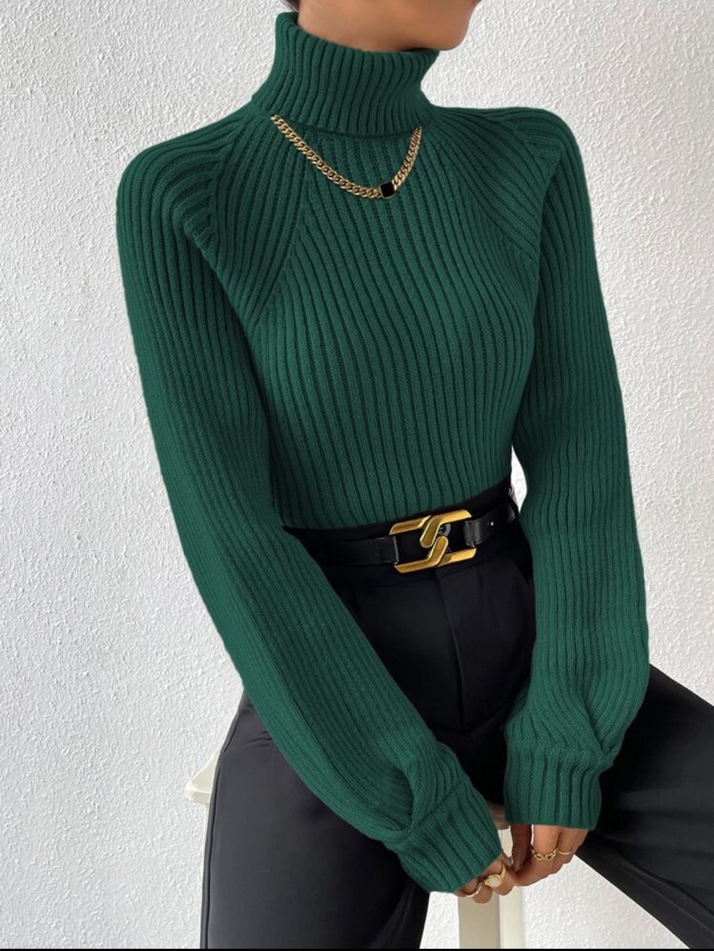 High Neck Ribbed Green Sweater - Picture 5 of 6